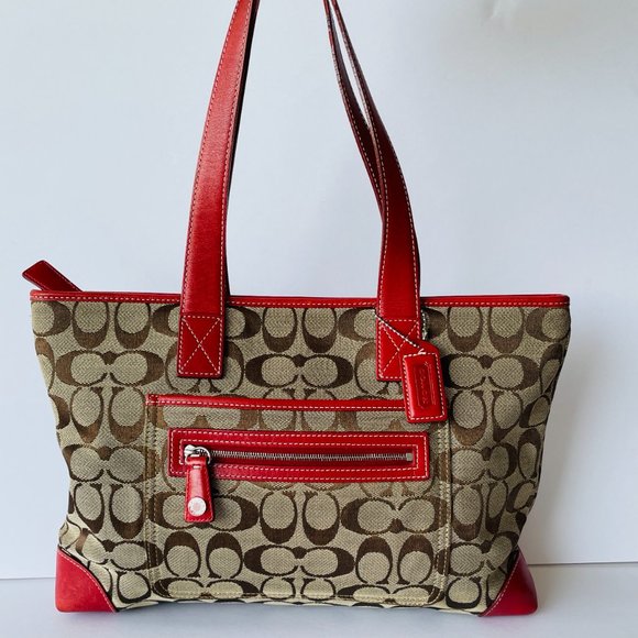 Coach Signature Tan and Red Leather Handbag Tote - Picture 3 of 8